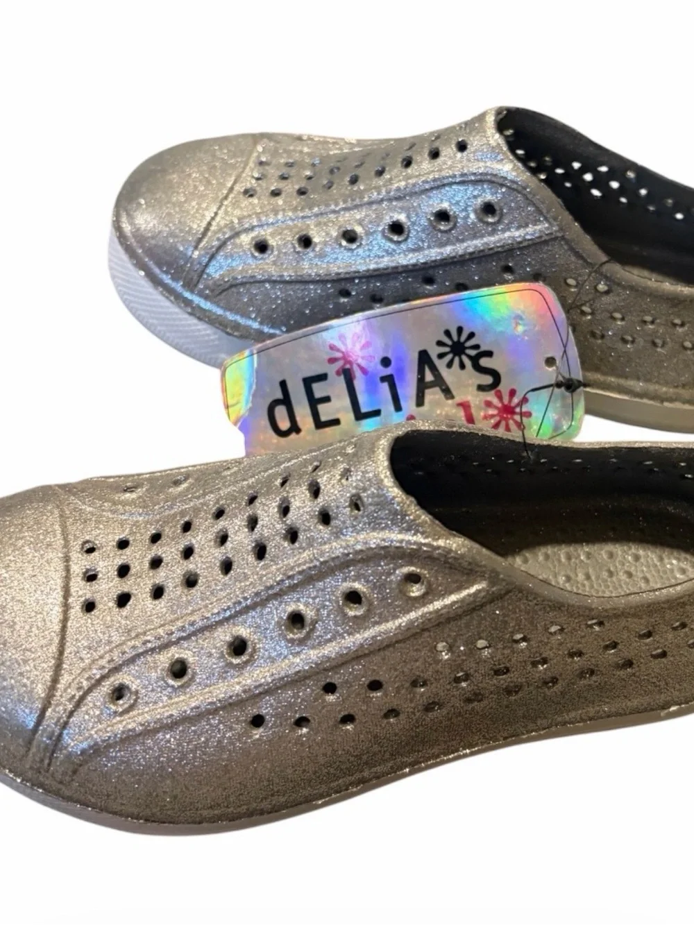 Delia’s Girl Silver Glitter Slip-On Water Shoes NWOT Size 11/12